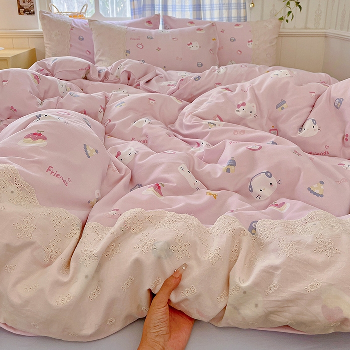 91家纺网 家纺一手货源 找家纺 海岛哥哥 2025新款韩式全棉蕾丝花边软绵绵四件套 小猫时光-粉