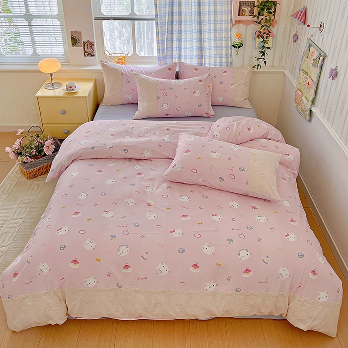 海岛哥哥 2025新款韩式全棉蕾丝花边软绵绵四件套 小猫时光-粉