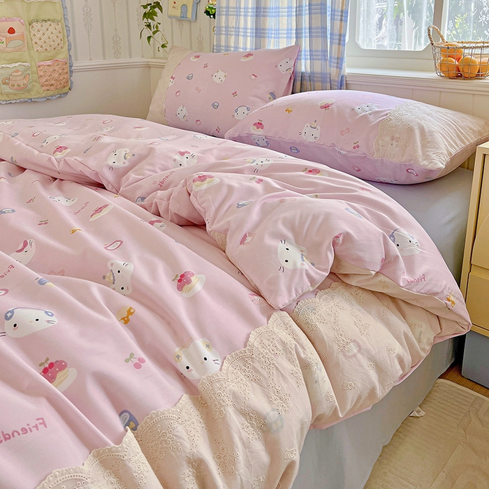 91家纺网 家纺一手货源 找家纺 海岛哥哥 2025新款韩式全棉蕾丝花边软绵绵四件套 小猫时光-粉