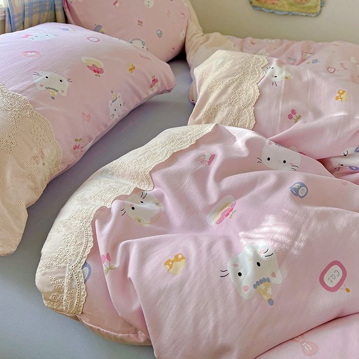 91家纺网 家纺一手货源 找家纺 海岛哥哥 2025新款韩式全棉蕾丝花边软绵绵四件套 小猫时光-粉