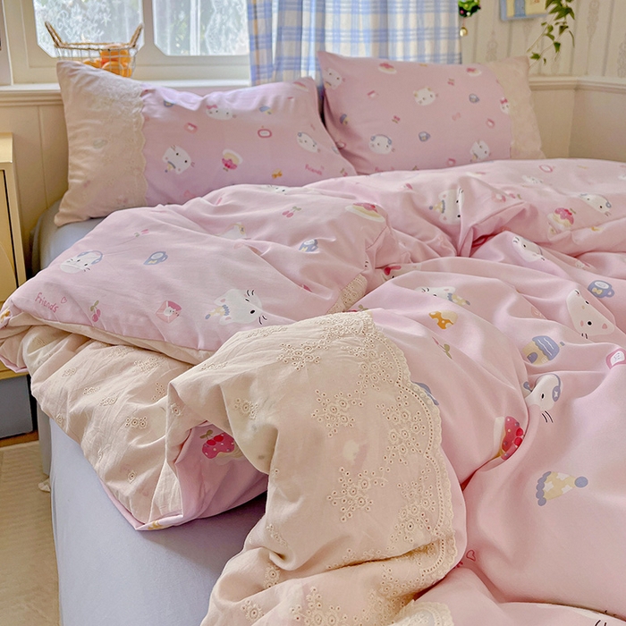 91家纺网 家纺一手货源 找家纺 海岛哥哥 2025新款韩式全棉蕾丝花边软绵绵四件套 小猫时光-粉