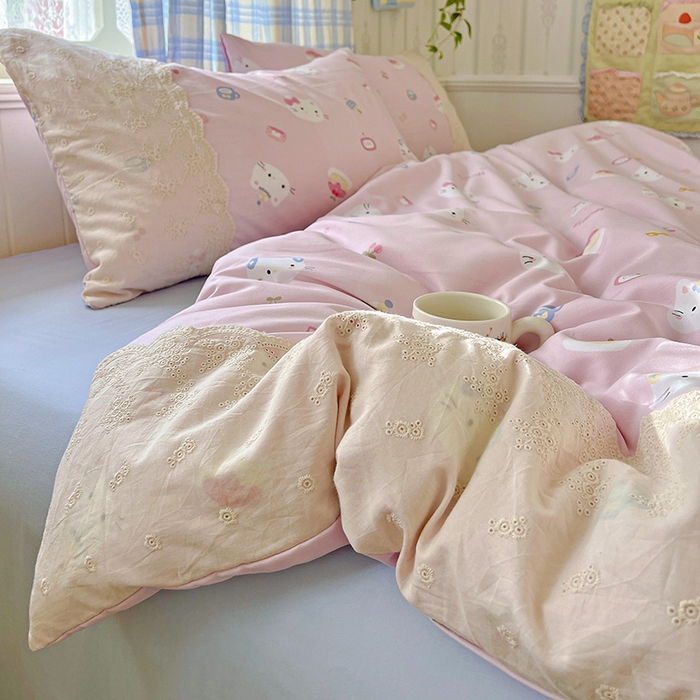 91家纺网 家纺一手货源 找家纺 海岛哥哥 2025新款韩式全棉蕾丝花边软绵绵四件套 小猫时光-粉