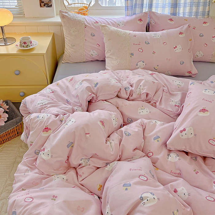 91家纺网 家纺一手货源 找家纺 海岛哥哥 2025新款韩式全棉蕾丝花边软绵绵四件套 小猫时光-粉