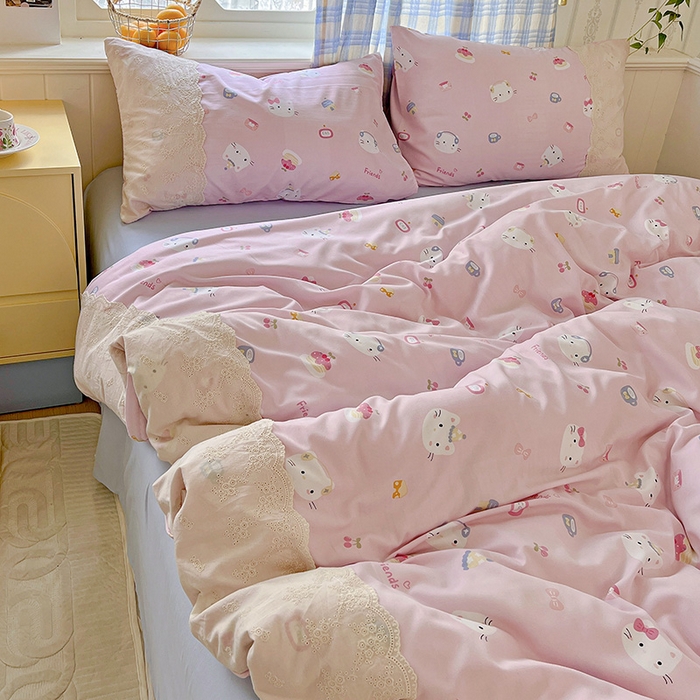 91家纺网 家纺一手货源 找家纺 海岛哥哥 2025新款韩式全棉蕾丝花边软绵绵四件套 小猫时光-粉