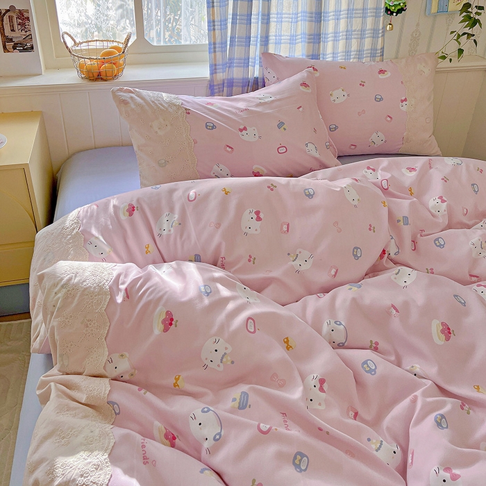 91家纺网 家纺一手货源 找家纺 海岛哥哥 2025新款韩式全棉蕾丝花边软绵绵四件套 小猫时光-粉