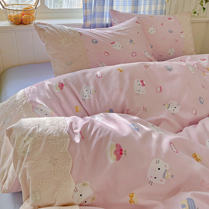 91家纺网 家纺一手货源 找家纺 海岛哥哥 2025新款韩式全棉蕾丝花边软绵绵四件套 小猫时光-粉