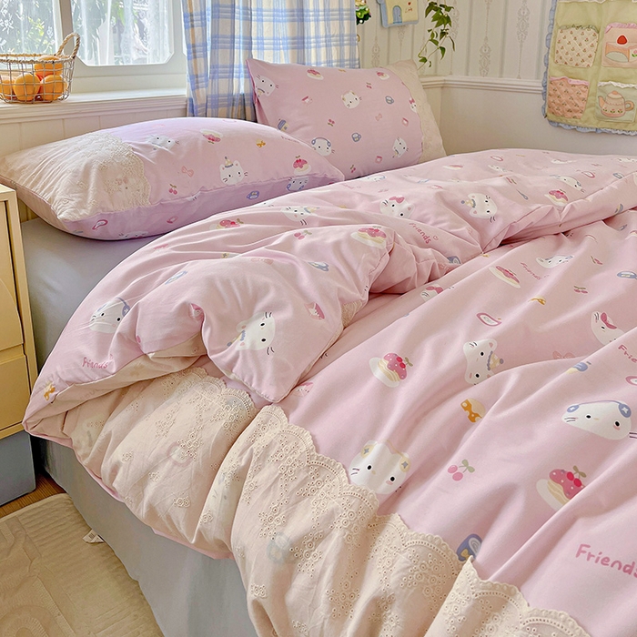 91家纺网 家纺一手货源 找家纺 海岛哥哥 2025新款韩式全棉蕾丝花边软绵绵四件套 小猫时光-粉