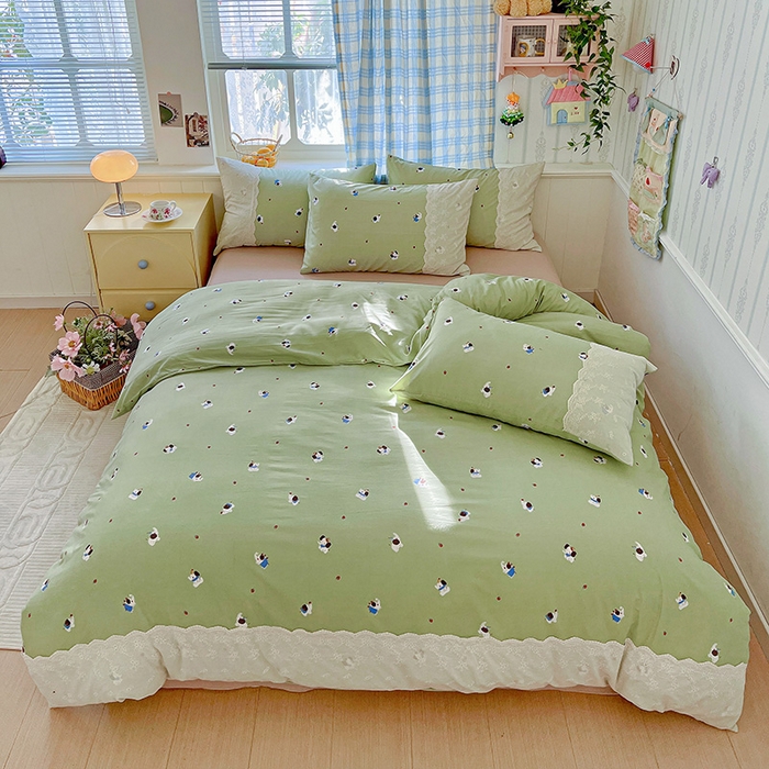 海岛哥哥 2025新款韩式全棉蕾丝花边软绵绵四件套 幸运小象-绿