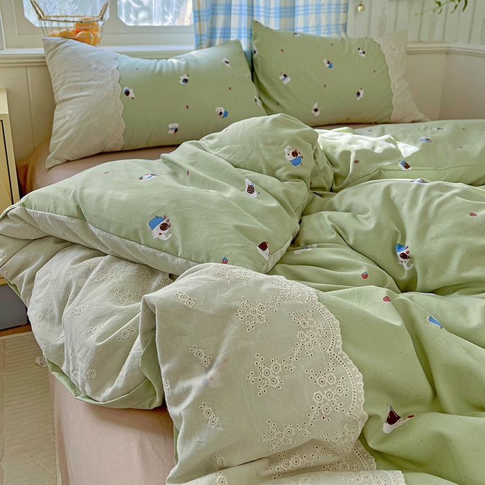 91家纺网 家纺一手货源 找家纺 海岛哥哥 2025新款韩式全棉蕾丝花边软绵绵四件套 幸运小象-绿