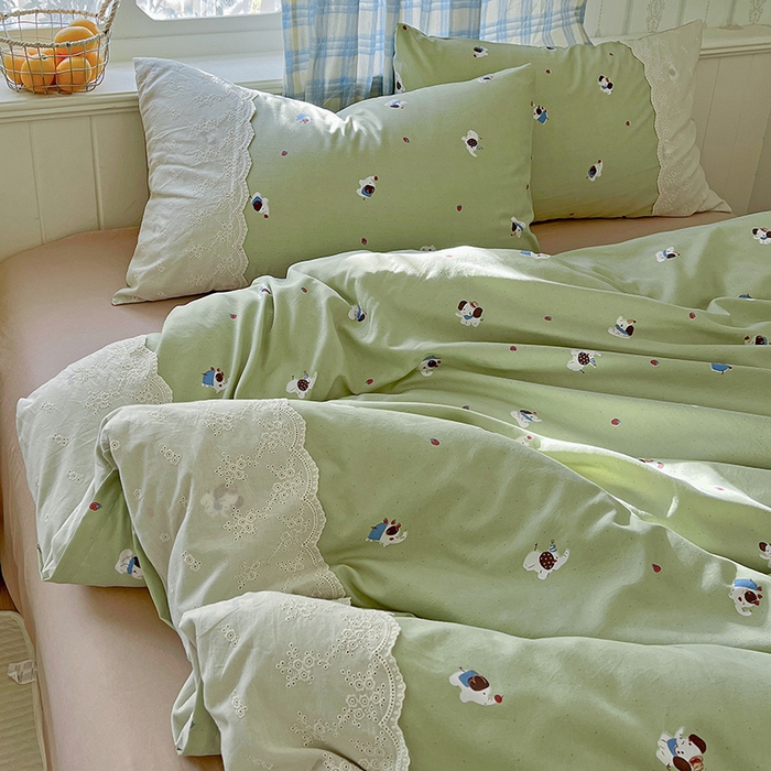 91家纺网 家纺一手货源 找家纺 海岛哥哥 2025新款韩式全棉蕾丝花边软绵绵四件套 幸运小象-绿