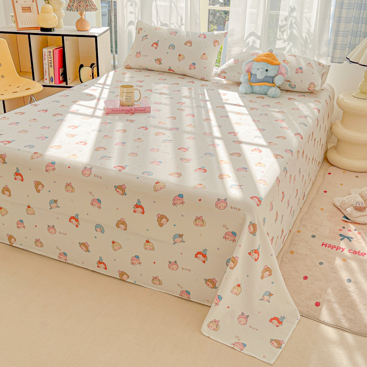 91家纺网 家纺一手货源 找家纺 韩巢家纺 2025新款双层纱儿童卡通风床单寝室单人学生宿舍单床单床单单件单品床单 童话女孩