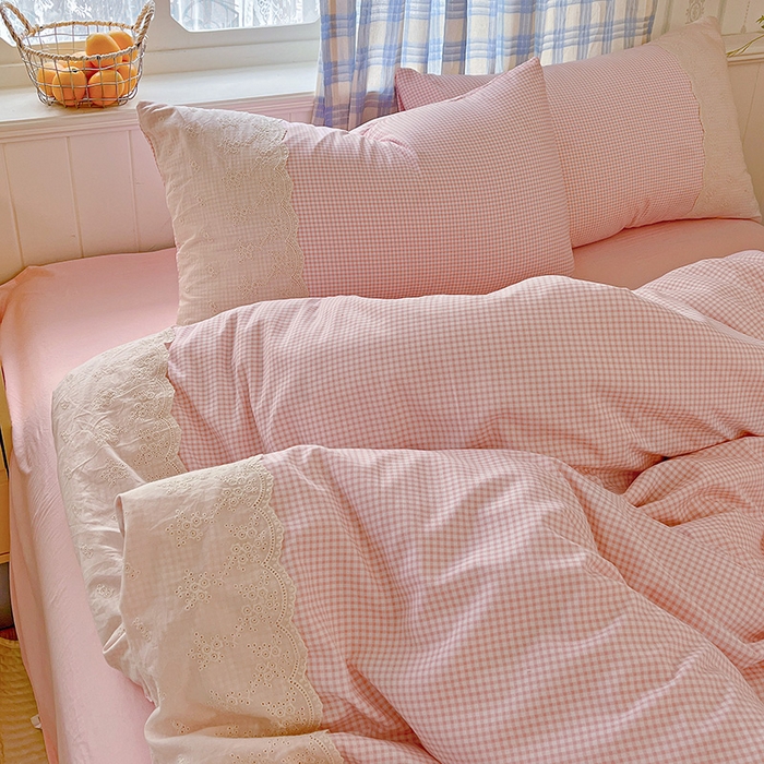 91家纺网 家纺一手货源 找家纺 海岛哥哥 2025新款韩式全棉蕾丝花边软绵绵四件套 mini粉格