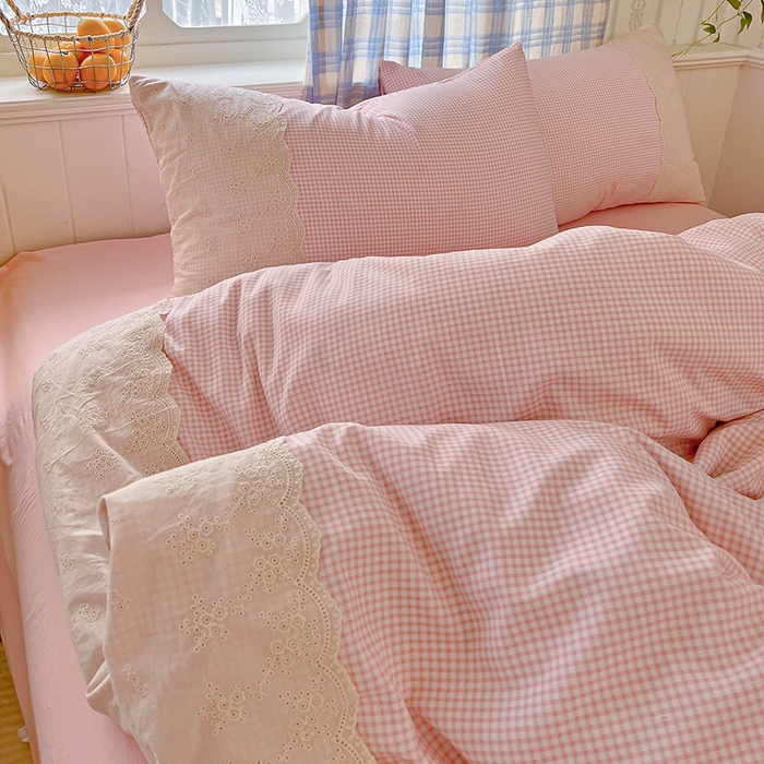 91家纺网 家纺一手货源 找家纺 海岛哥哥 2025新款韩式全棉蕾丝花边软绵绵四件套 mini粉格