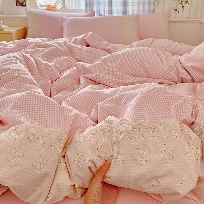 91家纺网 家纺一手货源 找家纺 海岛哥哥 2025新款韩式全棉蕾丝花边软绵绵四件套 mini粉格