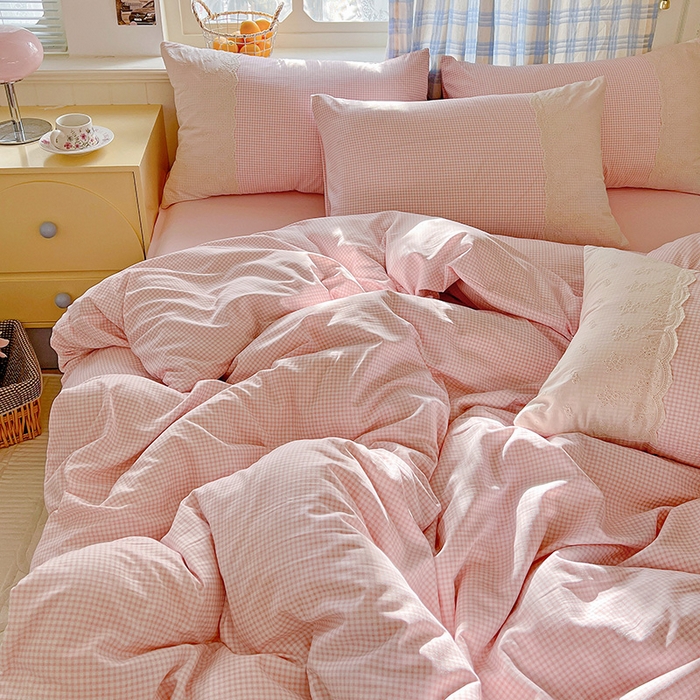 91家纺网 家纺一手货源 找家纺 海岛哥哥 2025新款韩式全棉蕾丝花边软绵绵四件套 mini粉格