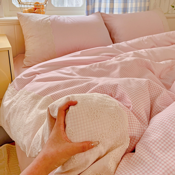 91家纺网 家纺一手货源 找家纺 海岛哥哥 2025新款韩式全棉蕾丝花边软绵绵四件套 mini粉格