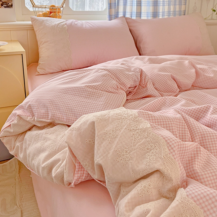 91家纺网 家纺一手货源 找家纺 海岛哥哥 2025新款韩式全棉蕾丝花边软绵绵四件套 mini粉格