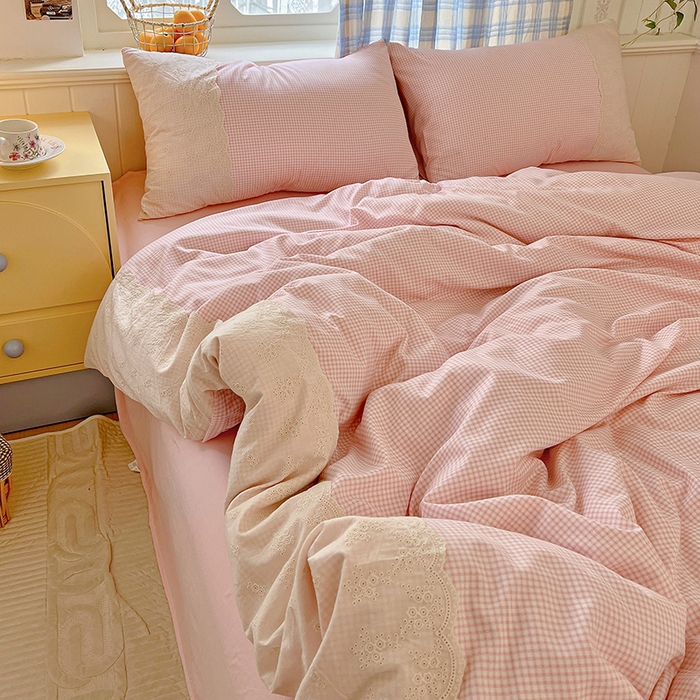 91家纺网 家纺一手货源 找家纺 海岛哥哥 2025新款韩式全棉蕾丝花边软绵绵四件套 mini粉格