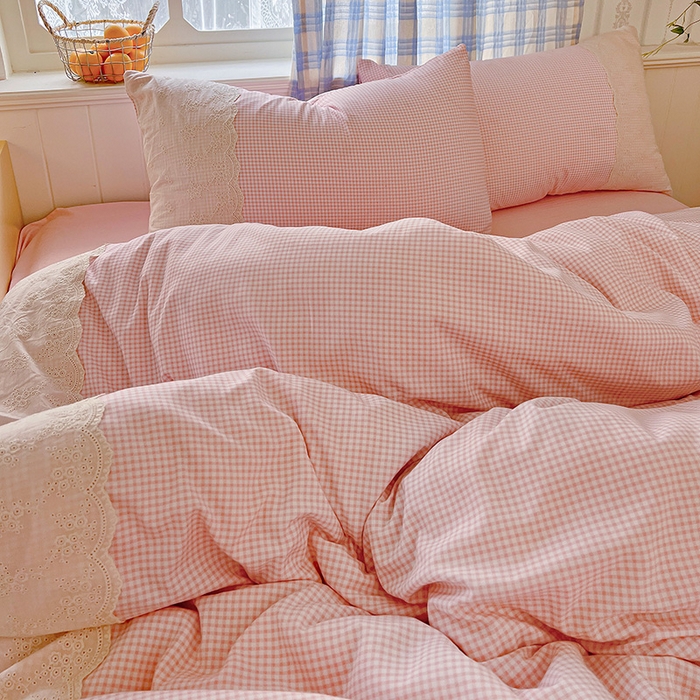 91家纺网 家纺一手货源 找家纺 海岛哥哥 2025新款韩式全棉蕾丝花边软绵绵四件套 mini粉格