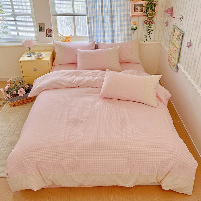 海岛哥哥 2025新款韩式全棉蕾丝花边软绵绵四件套 mini粉格