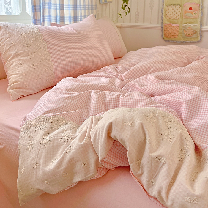 91家纺网 家纺一手货源 找家纺 海岛哥哥 2025新款韩式全棉蕾丝花边软绵绵四件套 mini粉格