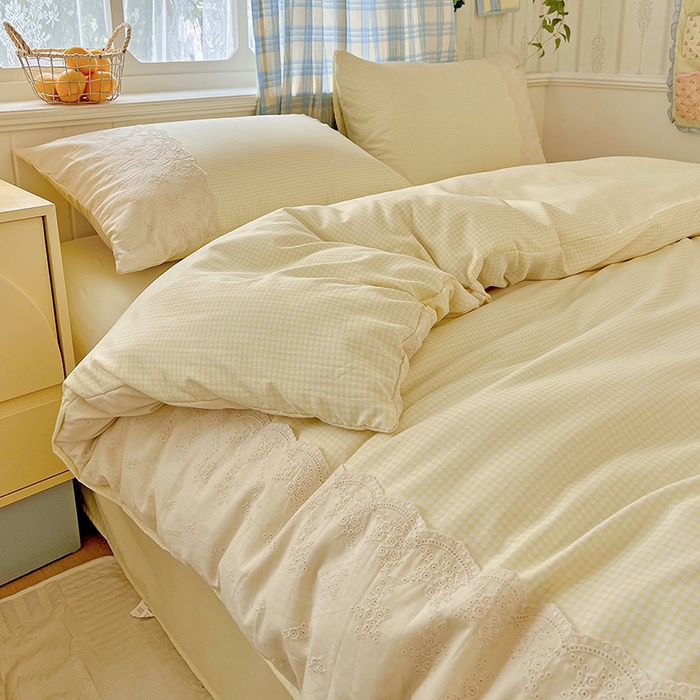 91家纺网 家纺一手货源 找家纺 海岛哥哥 2025新款韩式全棉蕾丝花边软绵绵四件套 mini黄格