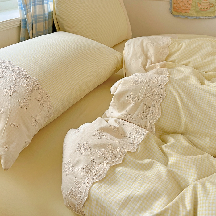 91家纺网 家纺一手货源 找家纺 海岛哥哥 2025新款韩式全棉蕾丝花边软绵绵四件套 mini黄格