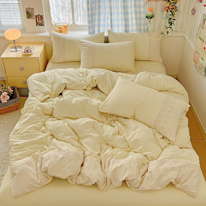 91家纺网 家纺一手货源 找家纺 海岛哥哥 2025新款韩式全棉蕾丝花边软绵绵四件套 mini黄格