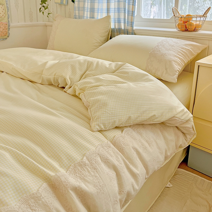 91家纺网 家纺一手货源 找家纺 海岛哥哥 2025新款韩式全棉蕾丝花边软绵绵四件套 mini黄格