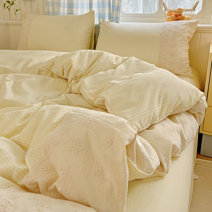 91家纺网 家纺一手货源 找家纺 海岛哥哥 2025新款韩式全棉蕾丝花边软绵绵四件套 mini黄格