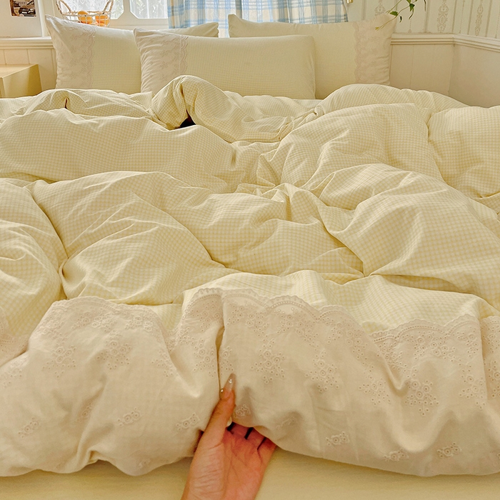 91家纺网 家纺一手货源 找家纺 海岛哥哥 2025新款韩式全棉蕾丝花边软绵绵四件套 mini黄格