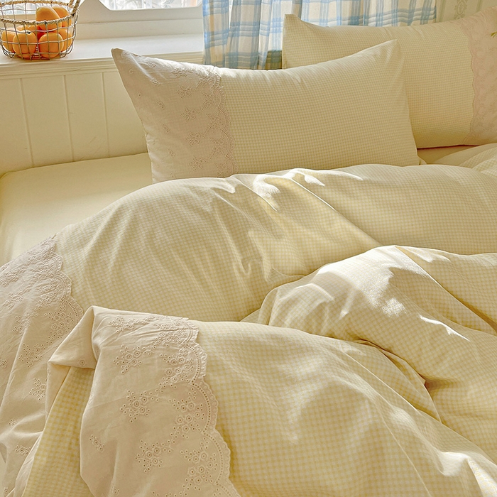 91家纺网 家纺一手货源 找家纺 海岛哥哥 2025新款韩式全棉蕾丝花边软绵绵四件套 mini黄格