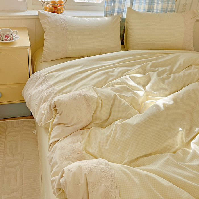 91家纺网 家纺一手货源 找家纺 海岛哥哥 2025新款韩式全棉蕾丝花边软绵绵四件套 mini黄格