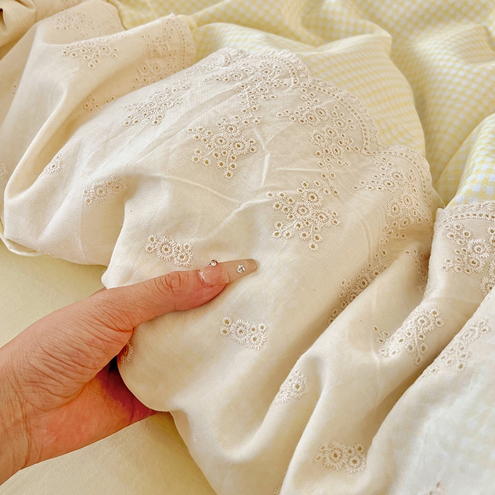 91家纺网 家纺一手货源 找家纺 海岛哥哥 2025新款韩式全棉蕾丝花边软绵绵四件套 mini黄格