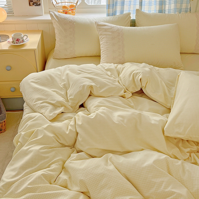 91家纺网 家纺一手货源 找家纺 海岛哥哥 2025新款韩式全棉蕾丝花边软绵绵四件套 mini黄格