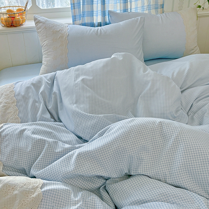 91家纺网 家纺一手货源 找家纺 海岛哥哥 2025新款韩式全棉蕾丝花边软绵绵四件套 mini蓝格