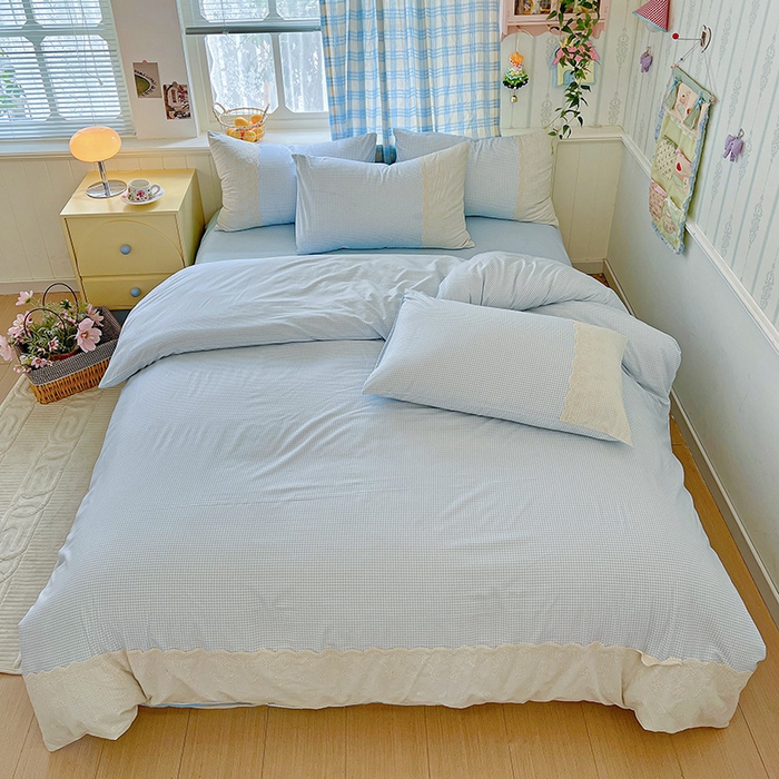 海岛哥哥 2025新款韩式全棉蕾丝花边软绵绵四件套 mini蓝格