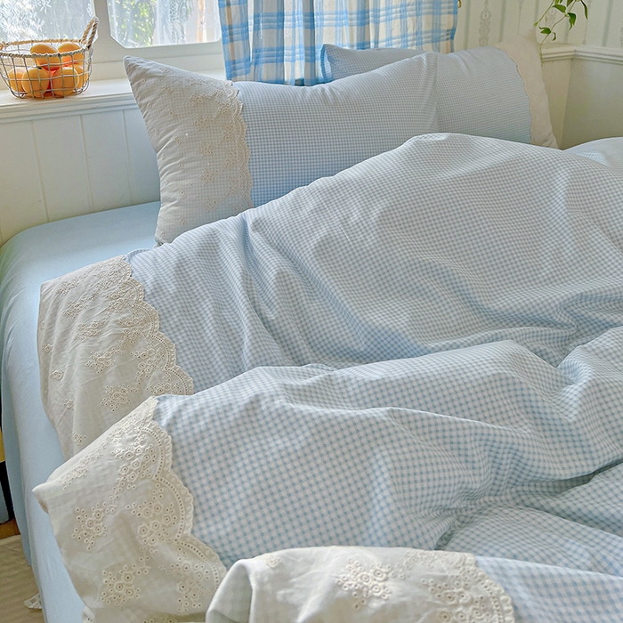 91家纺网 家纺一手货源 找家纺 海岛哥哥 2025新款韩式全棉蕾丝花边软绵绵四件套 mini蓝格