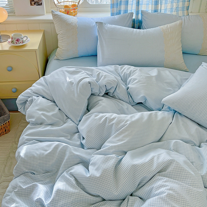 91家纺网 家纺一手货源 找家纺 海岛哥哥 2025新款韩式全棉蕾丝花边软绵绵四件套 mini蓝格