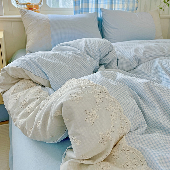 91家纺网 家纺一手货源 找家纺 海岛哥哥 2025新款韩式全棉蕾丝花边软绵绵四件套 mini蓝格