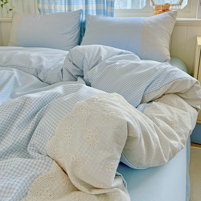 91家纺网 家纺一手货源 找家纺 海岛哥哥 2025新款韩式全棉蕾丝花边软绵绵四件套 mini蓝格