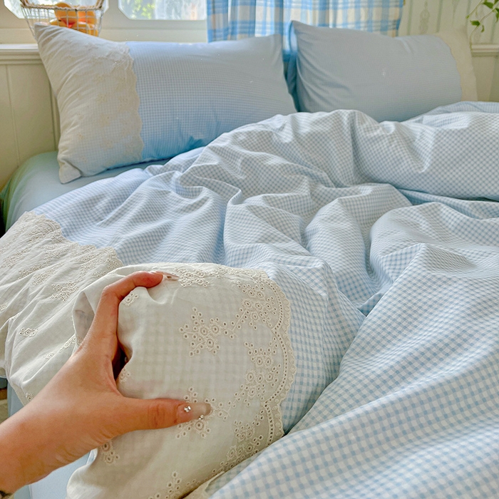 91家纺网 家纺一手货源 找家纺 海岛哥哥 2025新款韩式全棉蕾丝花边软绵绵四件套 mini蓝格