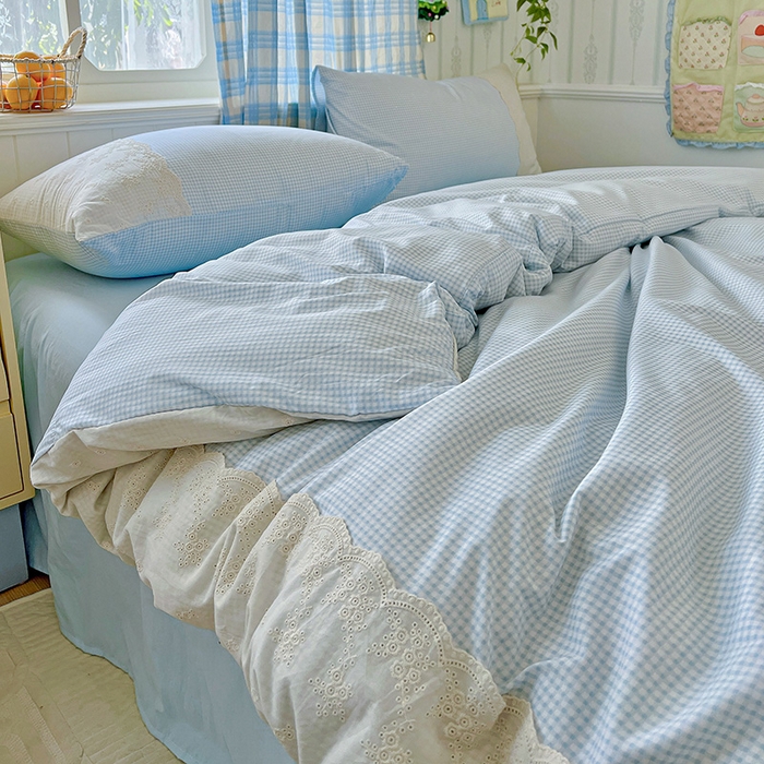 91家纺网 家纺一手货源 找家纺 海岛哥哥 2025新款韩式全棉蕾丝花边软绵绵四件套 mini蓝格