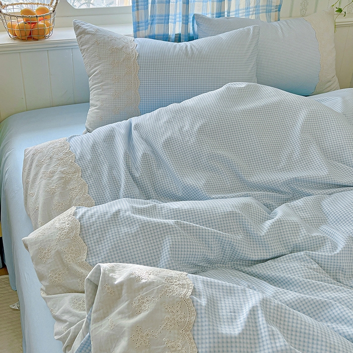 91家纺网 家纺一手货源 找家纺 海岛哥哥 2025新款韩式全棉蕾丝花边软绵绵四件套 mini蓝格