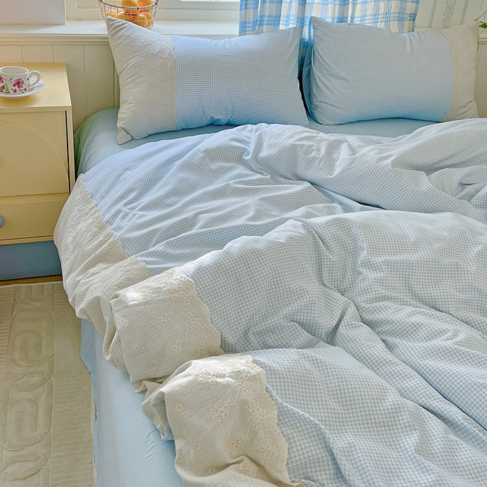 91家纺网 家纺一手货源 找家纺 海岛哥哥 2025新款韩式全棉蕾丝花边软绵绵四件套 mini蓝格