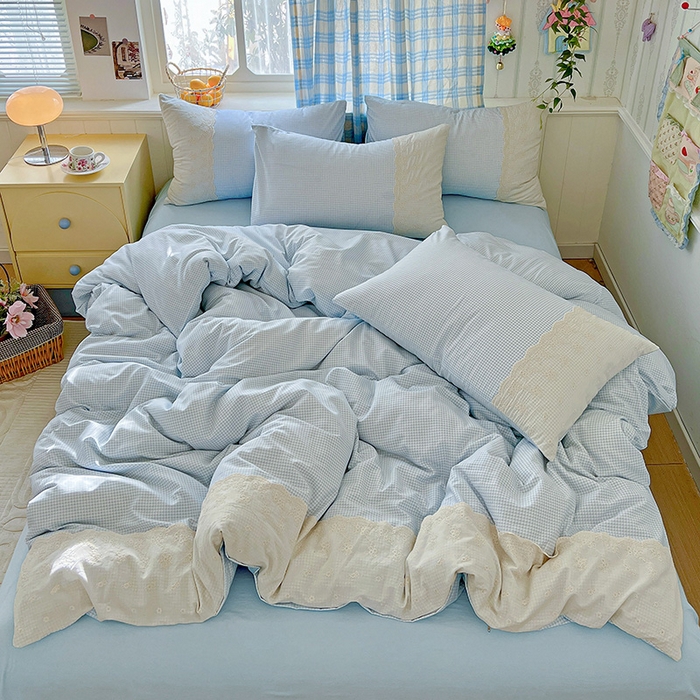 91家纺网 家纺一手货源 找家纺 海岛哥哥 2025新款韩式全棉蕾丝花边软绵绵四件套 mini蓝格