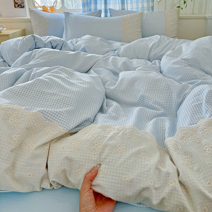 91家纺网 家纺一手货源 找家纺 海岛哥哥 2025新款韩式全棉蕾丝花边软绵绵四件套 mini蓝格