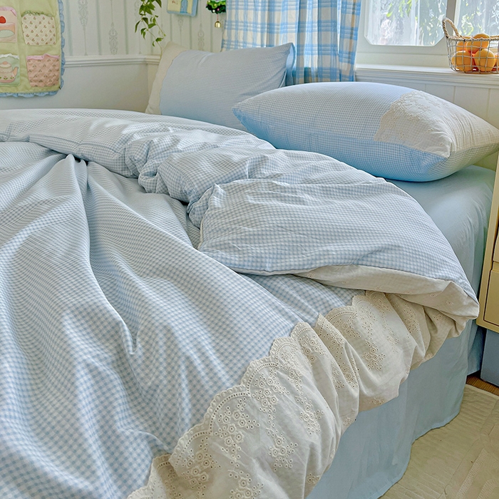 91家纺网 家纺一手货源 找家纺 海岛哥哥 2025新款韩式全棉蕾丝花边软绵绵四件套 mini蓝格