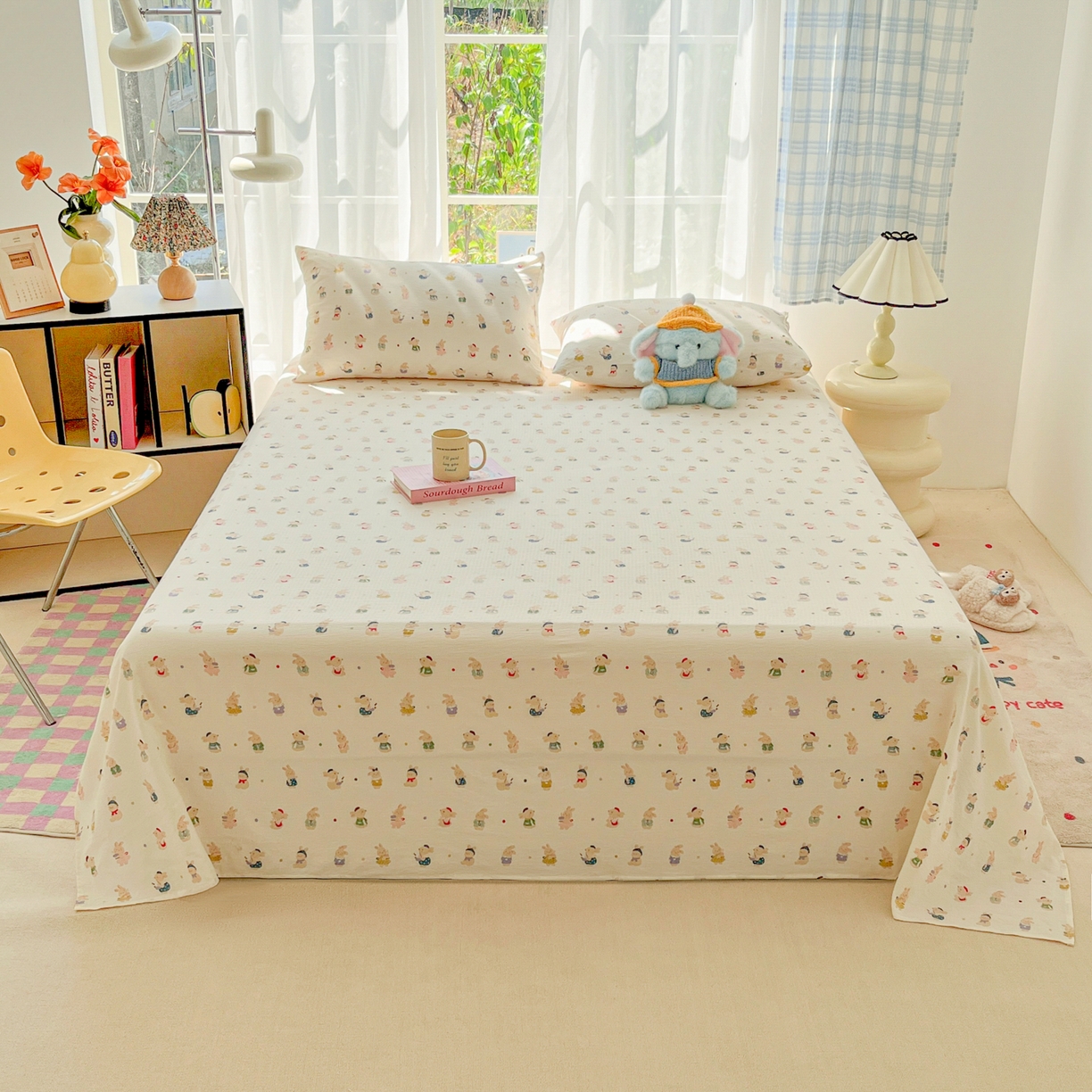 91家纺网 家纺一手货源 找家纺 韩巢家纺 2025新款双层纱儿童卡通风床单寝室单人学生宿舍单床单床单单件单品床单 兔子集合