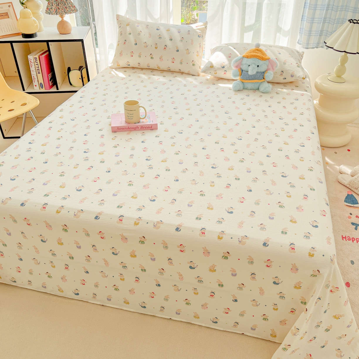 91家纺网 家纺一手货源 找家纺 韩巢家纺 2025新款双层纱儿童卡通风床单寝室单人学生宿舍单床单床单单件单品床单 兔子集合